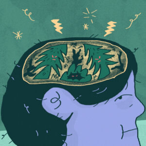 A close-up of a face in profile. Across the scalp, the drawing shows a mind filled with trees.
