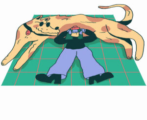A large spotty dog lying out on a green rug, and a person wearing a face mask resting their head on the dog, like a pillow.